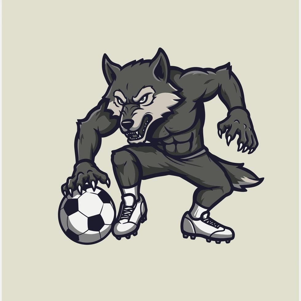Wolf soccer player with a ball logo design vector