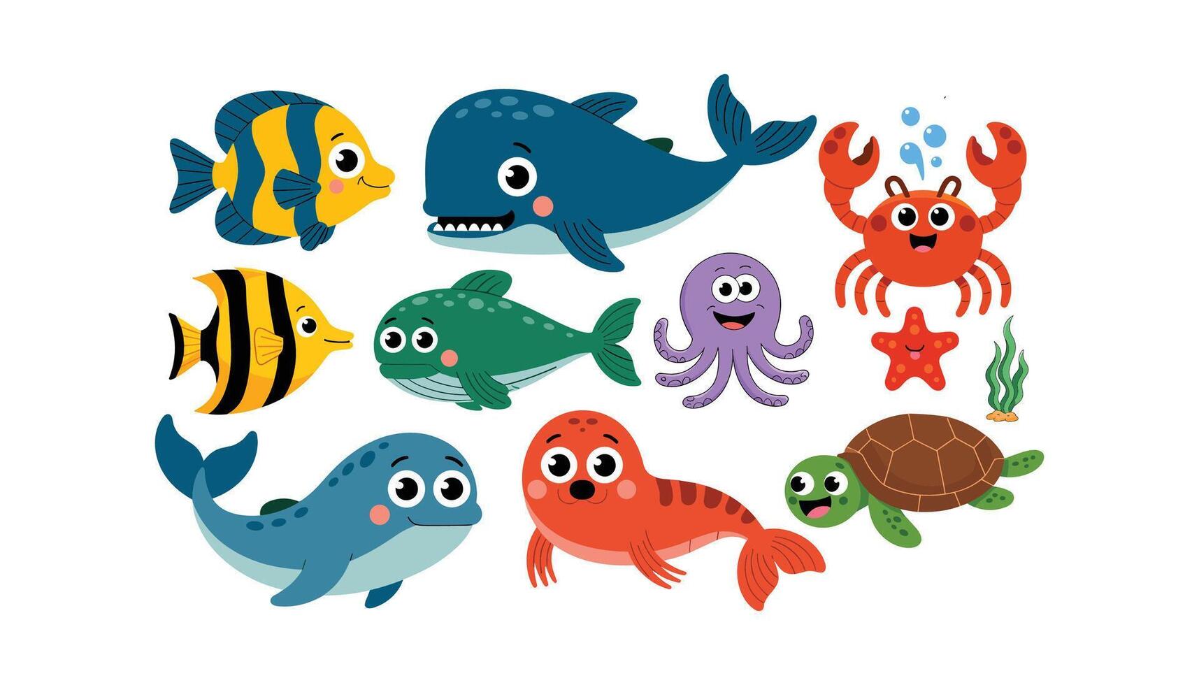 Orca dolphin dolphin crab jellyfish octopus fish turtle shark seahorse. illustration on white background vector
