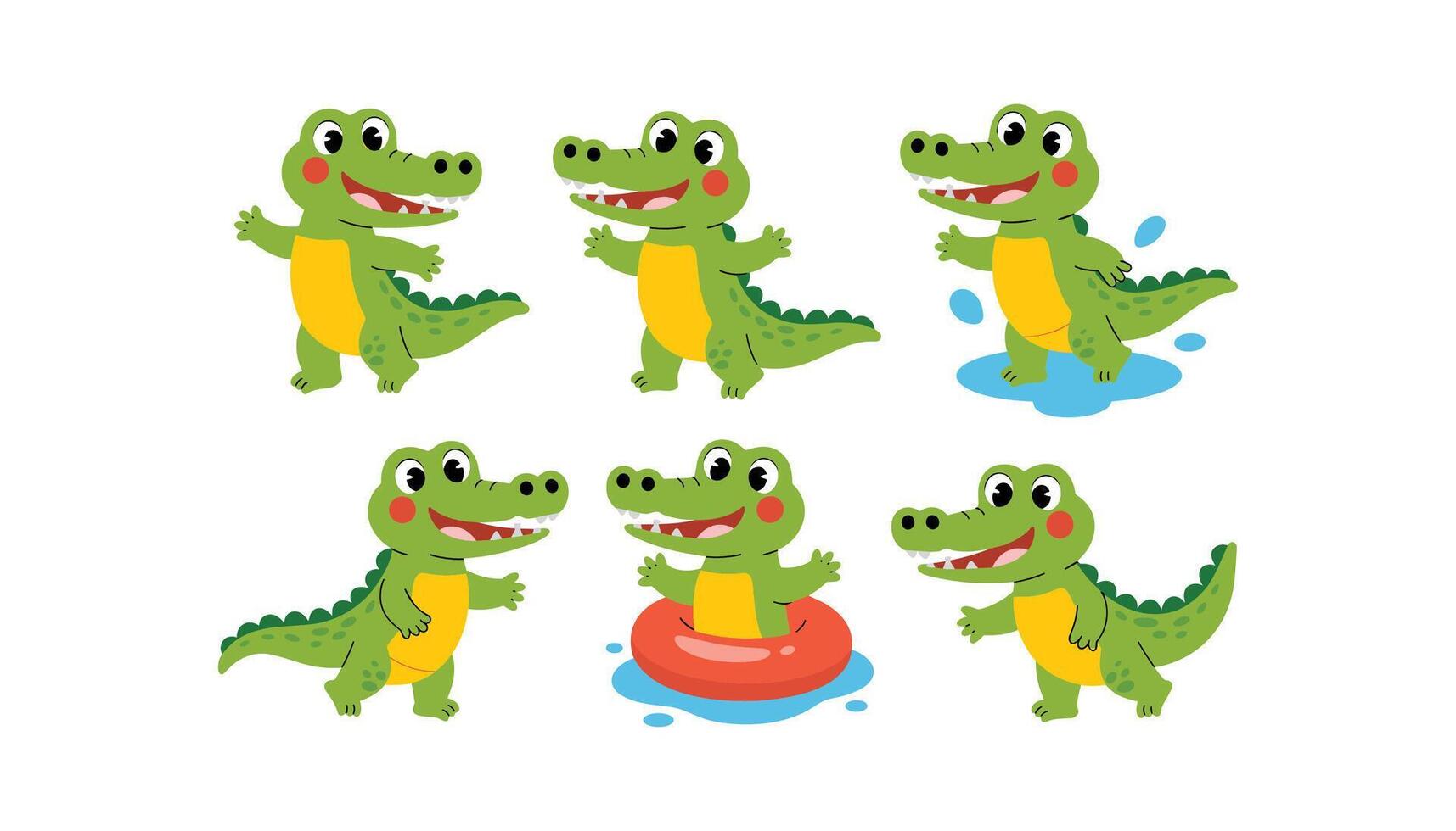 Cute comic crocodile in different poses illustrations set. Wildlife, emotions concept. vector