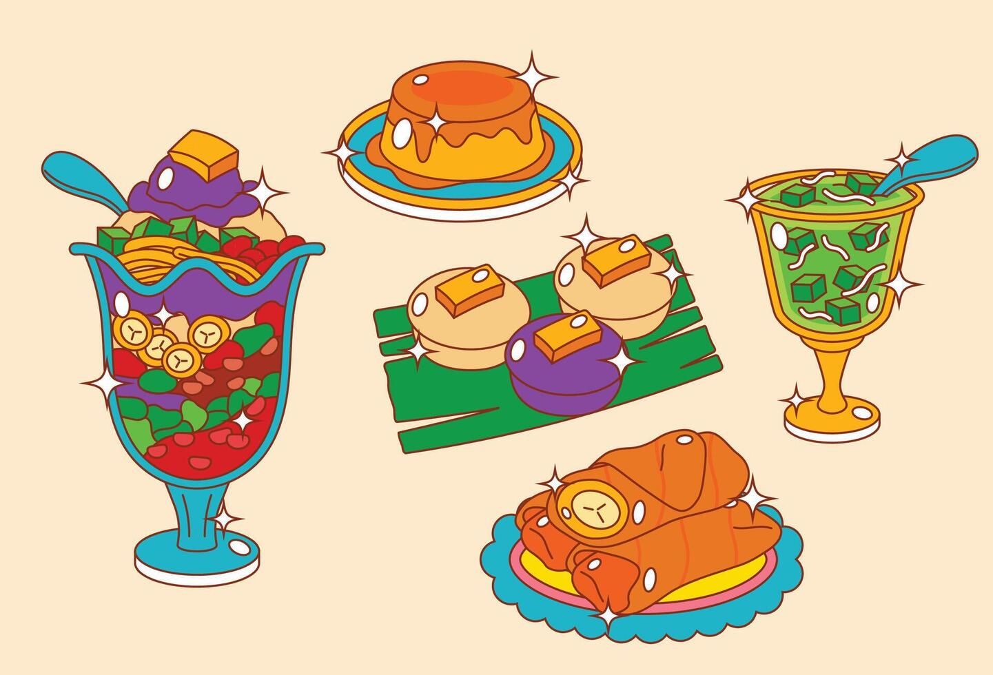 Sparkly Filipino Desserts Illustration Set vector
