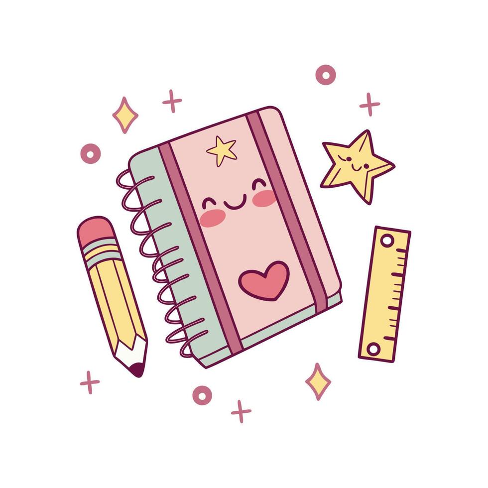 Adorable Kawaii School Supplies Smiling Notebook, Pencil and Ruler vector