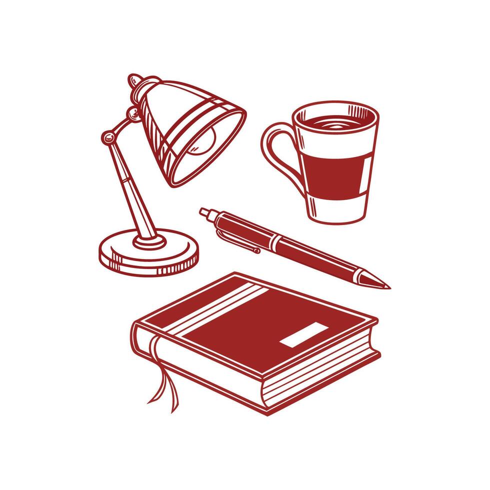 Modern Desk and Office Essentials Lamp, Coffee Mug, Pen and Book Outline vector