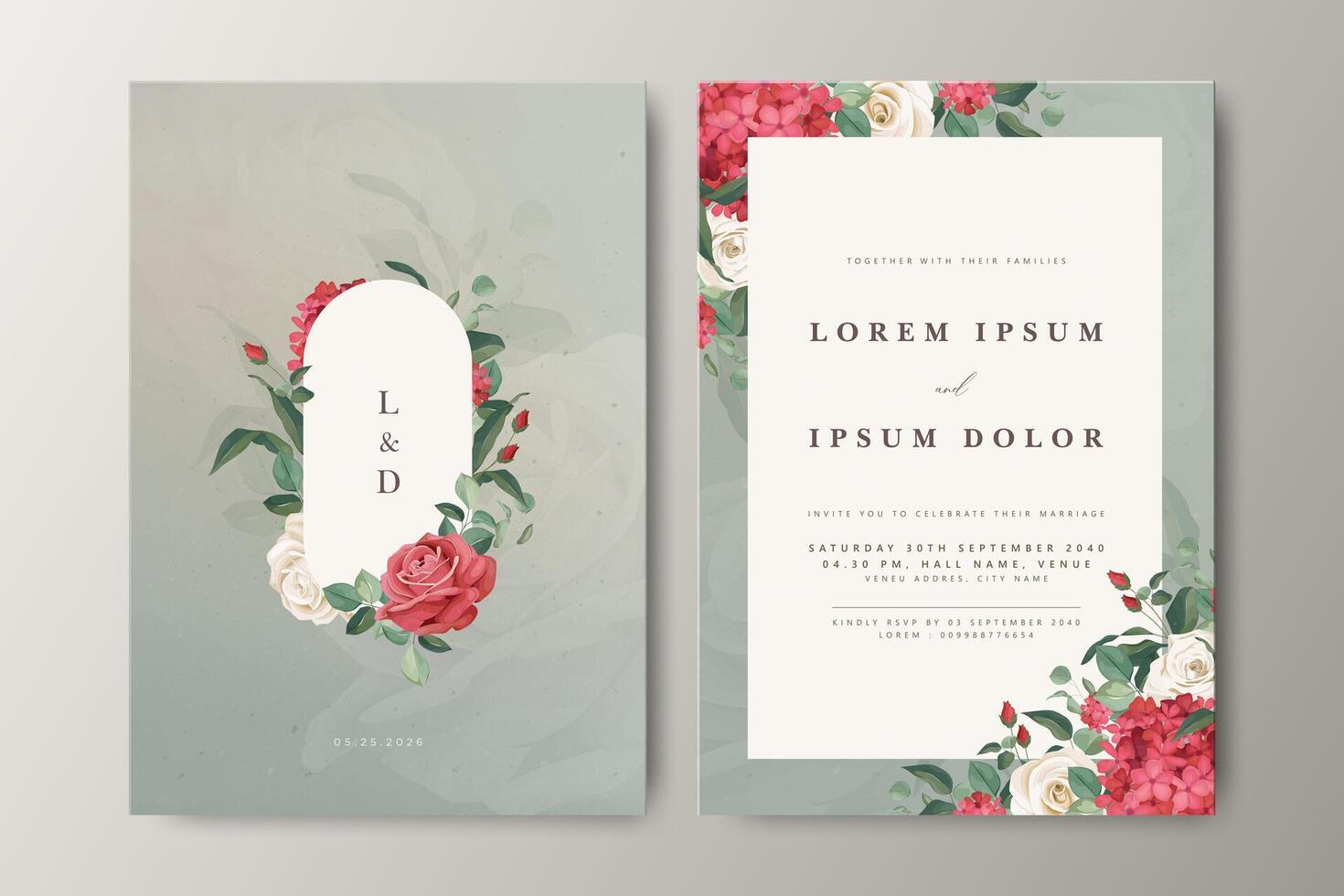 Beautiful wedding invitation card with red floral and greenery background vector