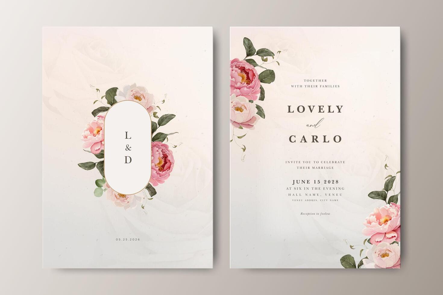 Beautiful wedding invitation card with floral partition decoration and creamy color background vector