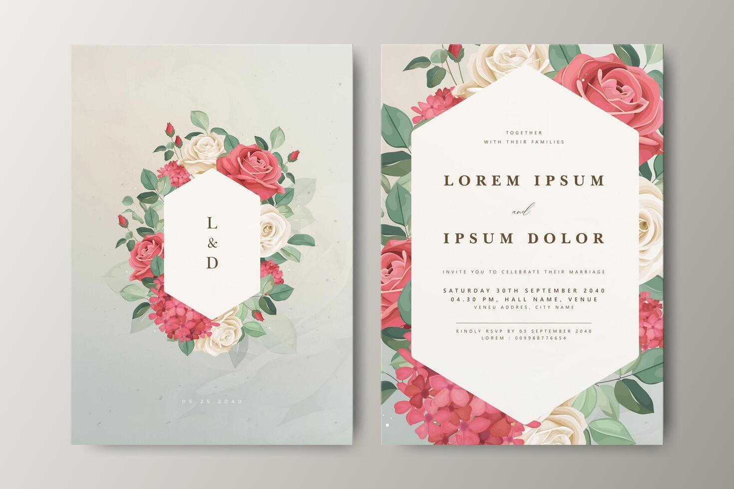 Beautiful wedding invitation card set with red floral and greenery background vector