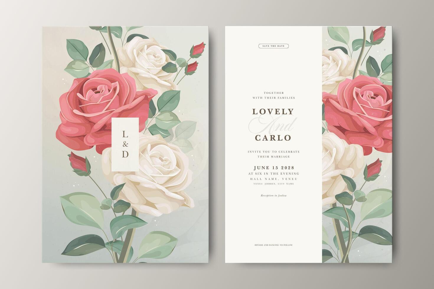 Beautiful wedding card with red floral and greenery background vector