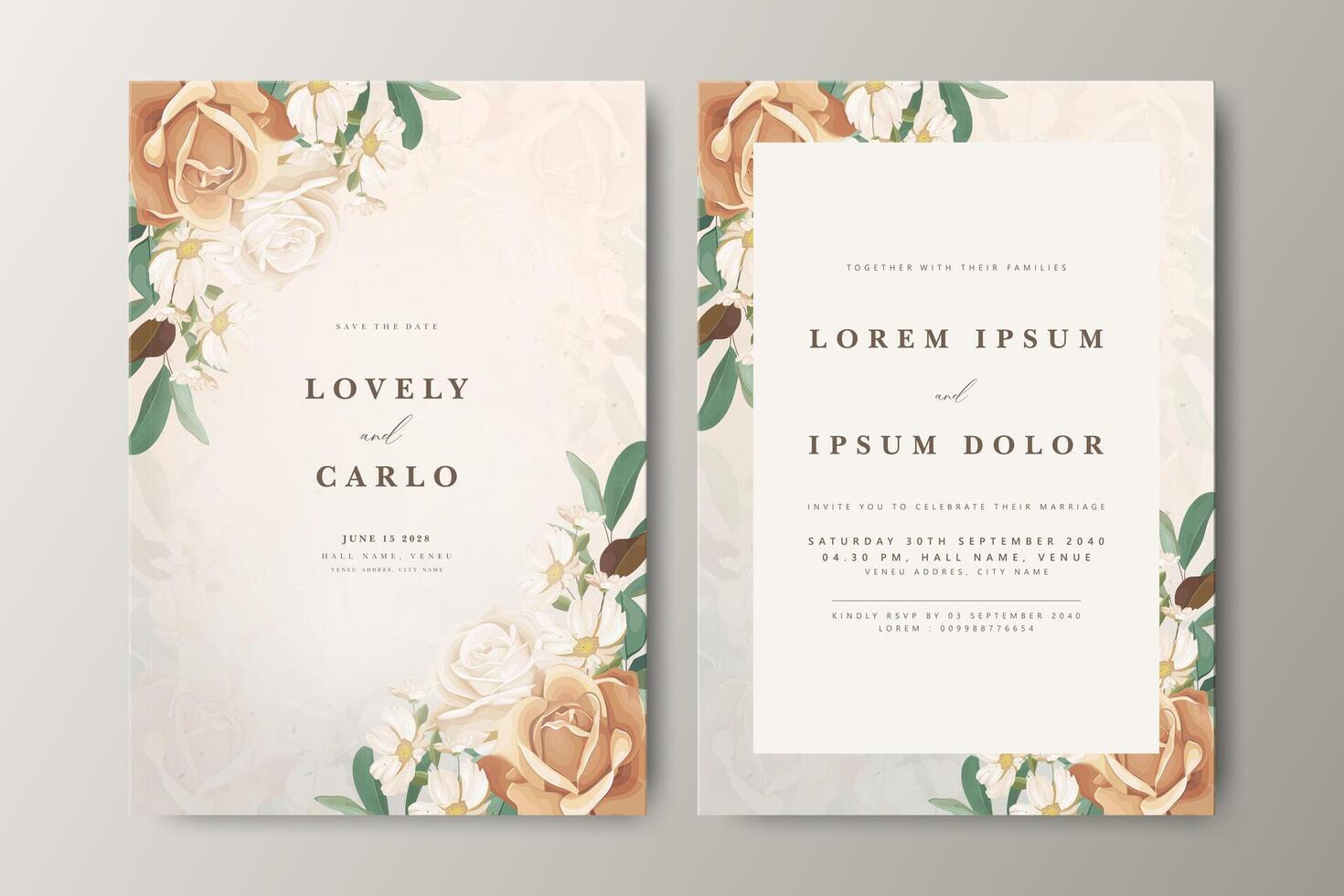 Beautiful wedding invitation card with floral partition and creamy color background vector