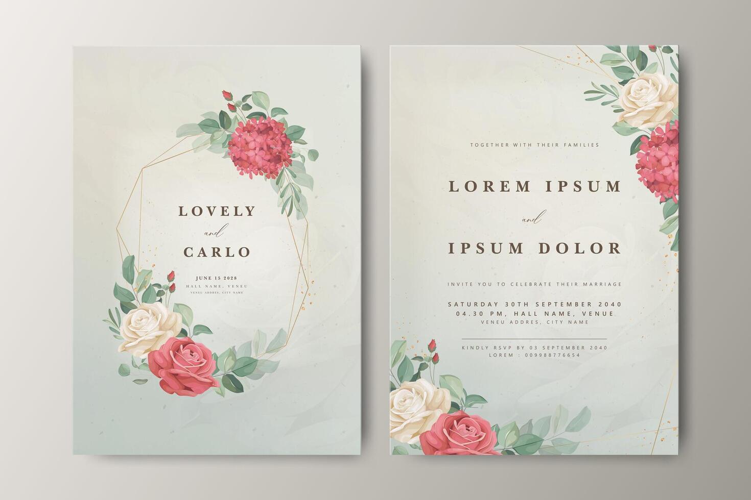 Beautiful wedding invitation card set with floral wreath and greenery background vector