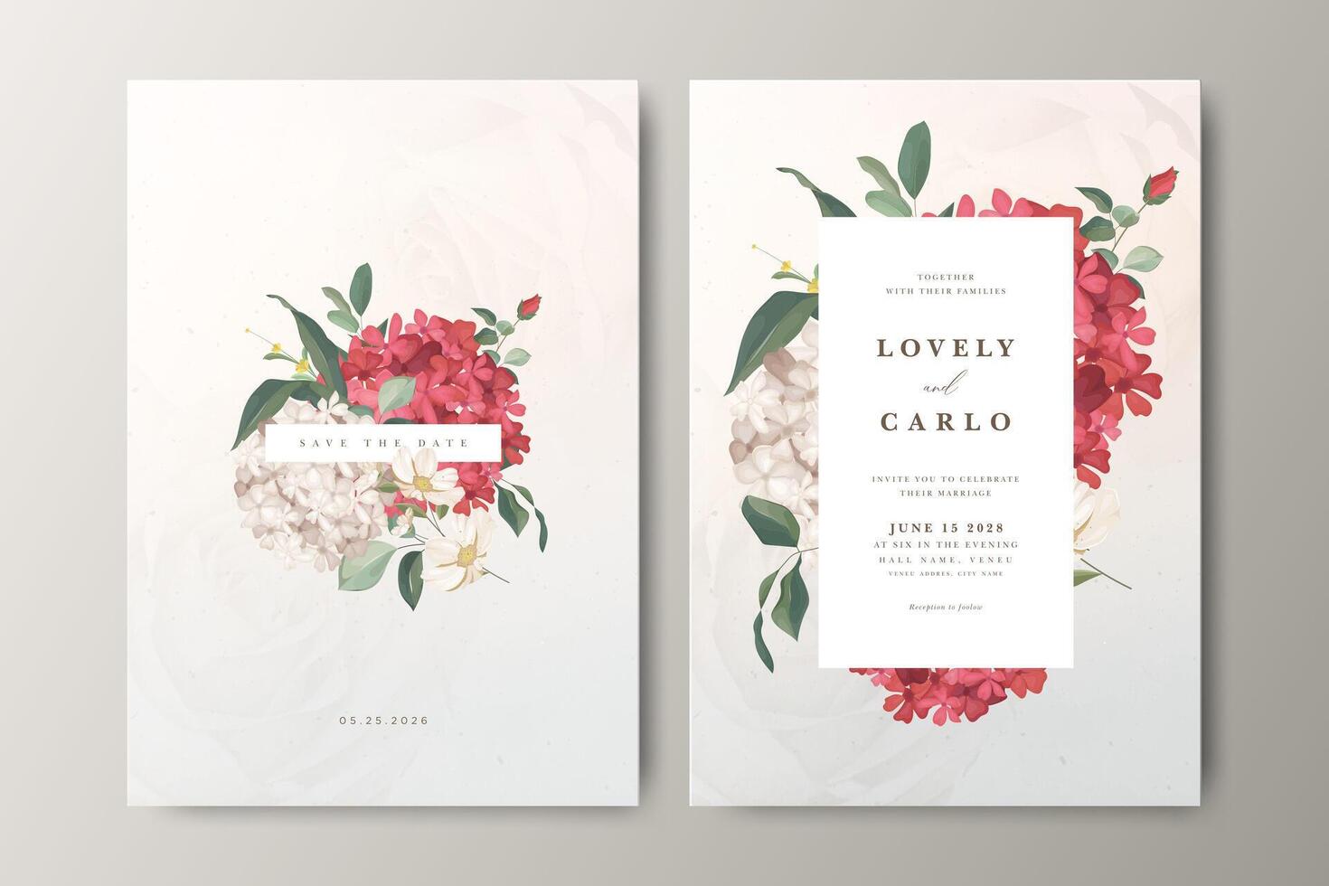 Beautiful wedding invitation card set with floral design and creamy color background vector