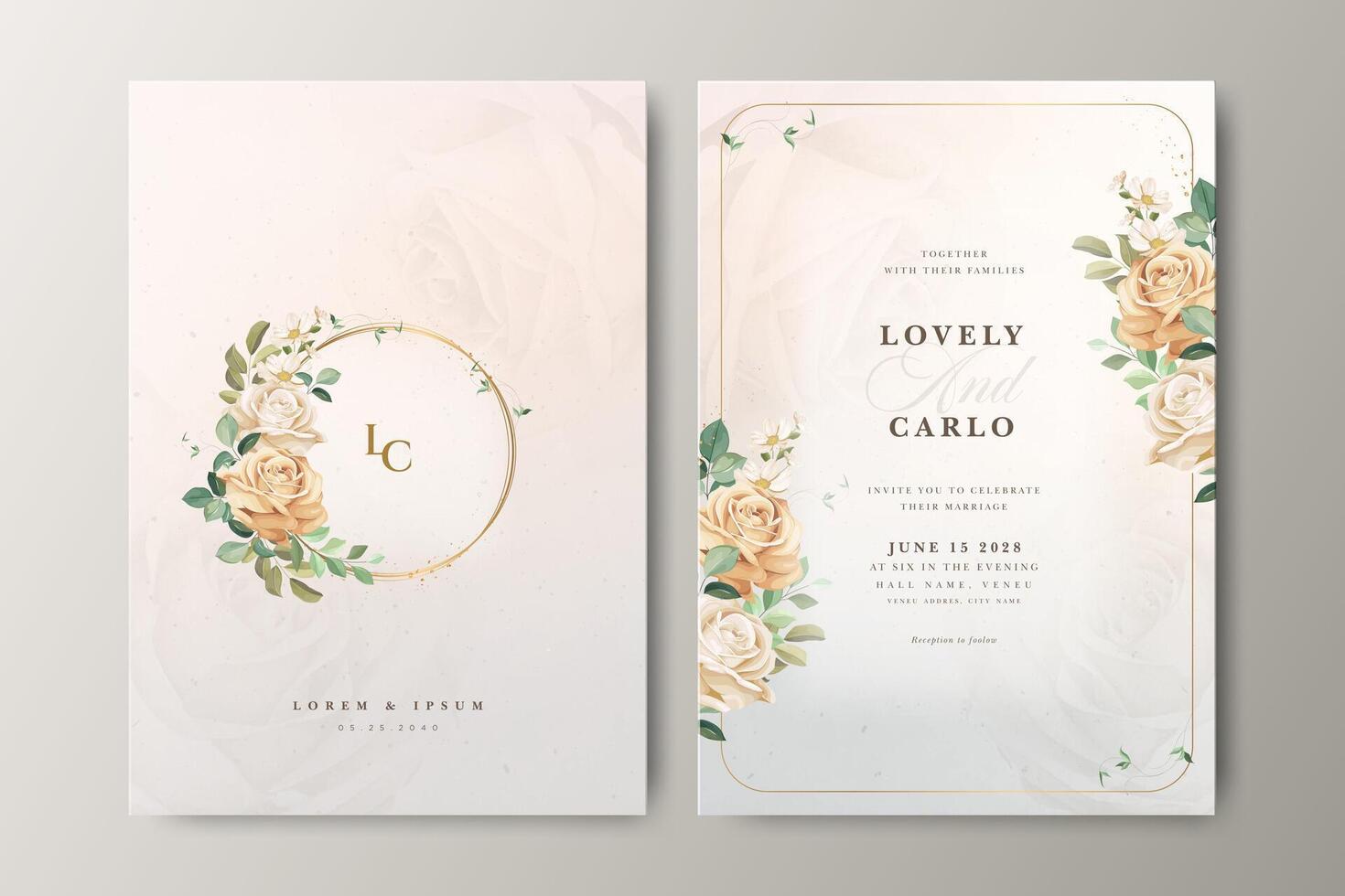Beautiful wedding card set with floral wreath design and creamy color background vector