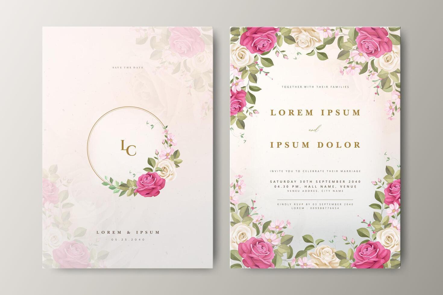 Beautiful wedding card template with floral decoration and creamy color background vector