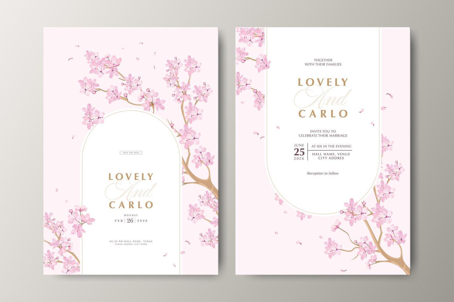 Beautiful wedding invitation card template with floral decoration and creamy color background vector