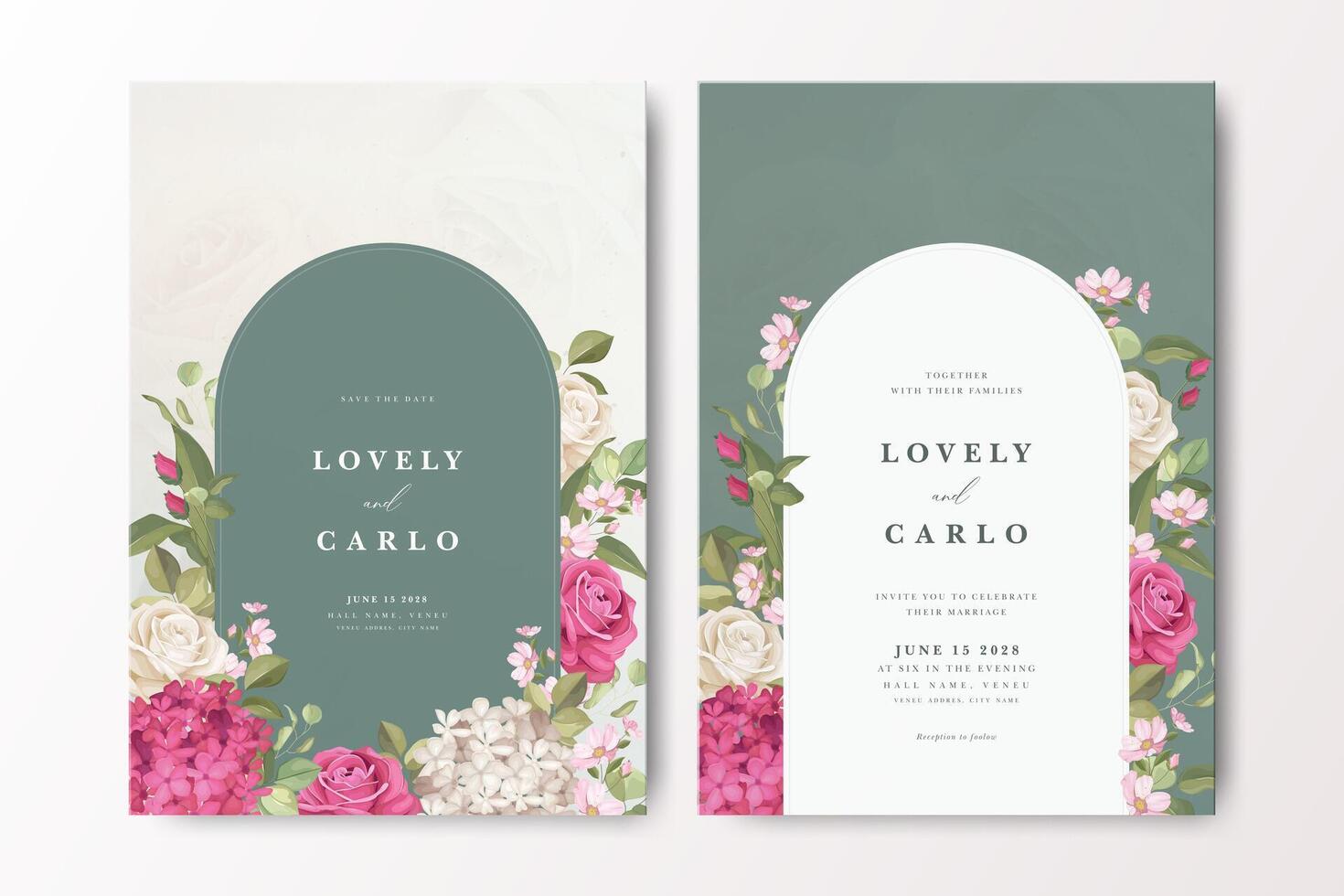 Beautiful wedding invitation card with red floral partition and greenery background vector