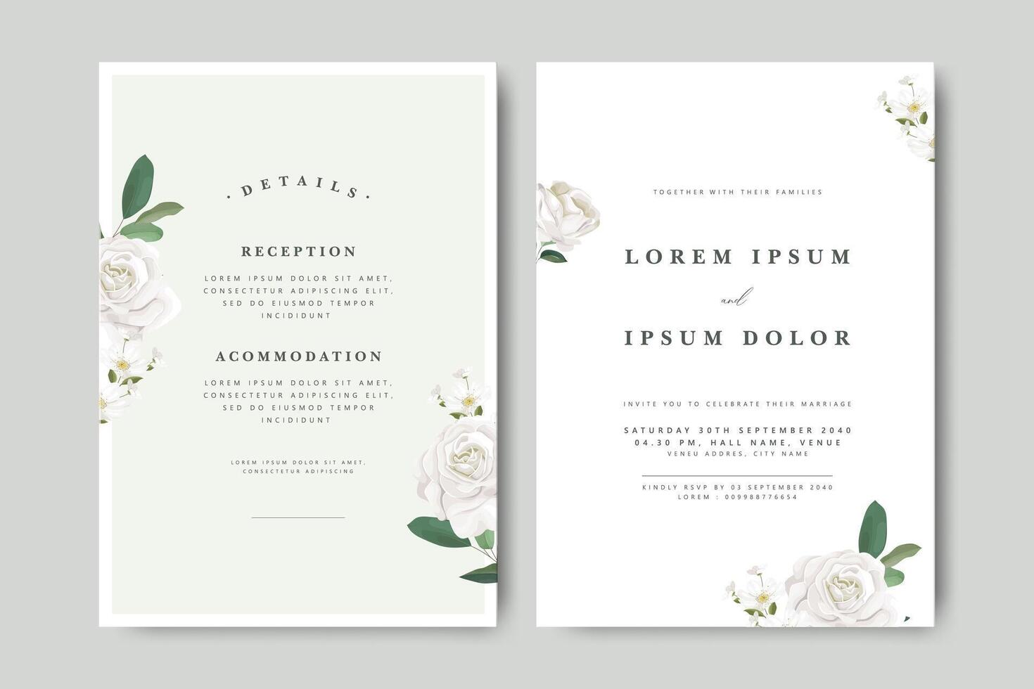 Minimalist wedding invitation card set with white roses decoration vector