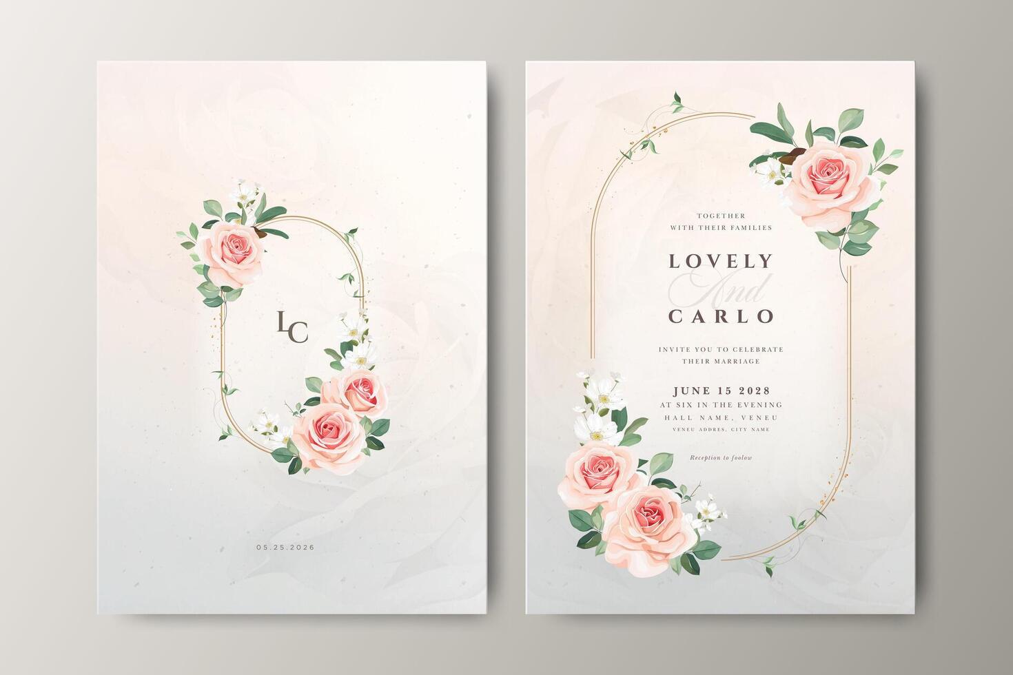 Beautiful wedding invitation card design with floral wreath decoration and creamy color background vector