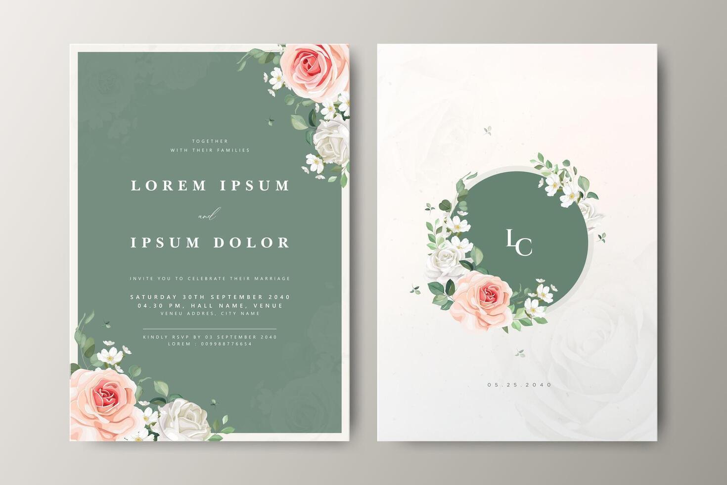 Beautiful wedding card with roses flower and greenery background vector