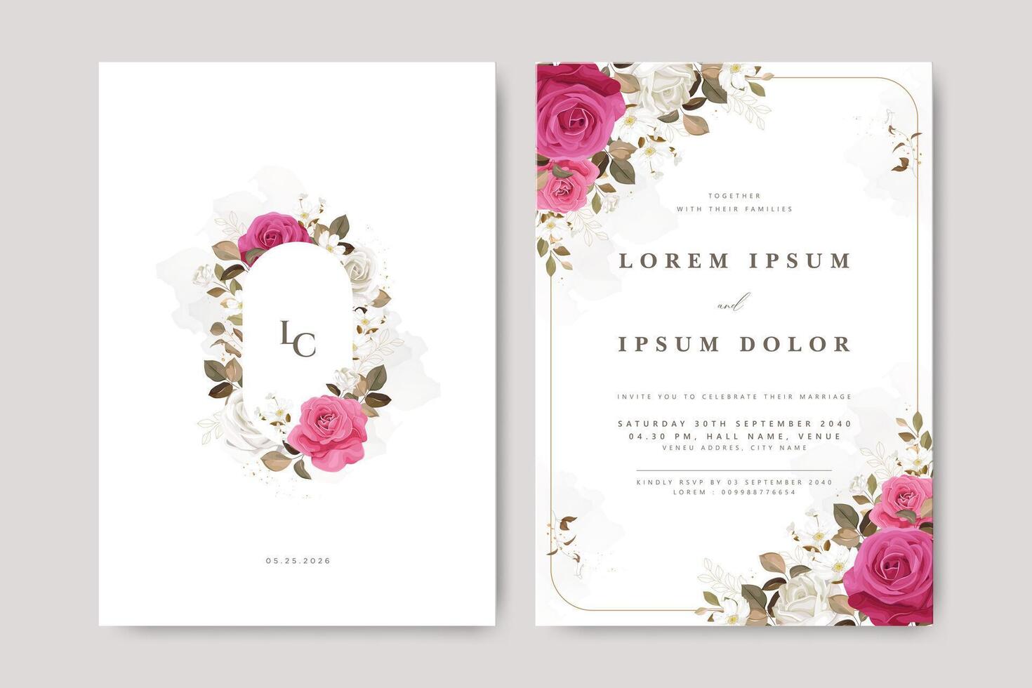elegant wedding invitation card set with wreath roses flower design vector