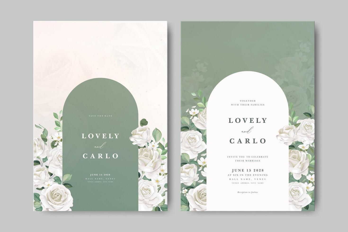 Beautiful wedding invitation card with white roses flower partition and greenery background vector