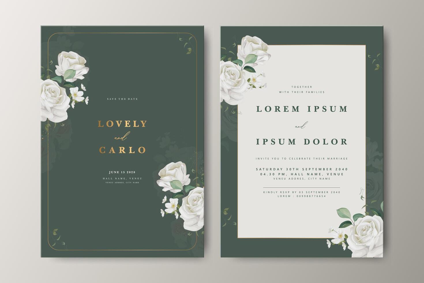 Beautiful wedding invitation card set with white floral and greenery background vector