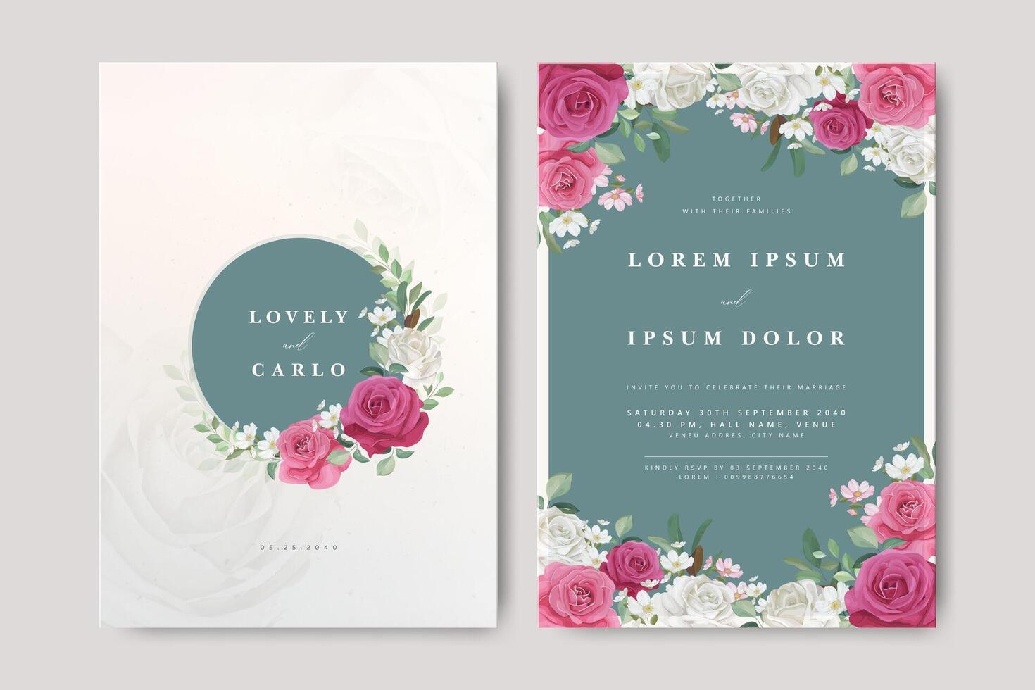 wedding invitation card with wreath roses flower design vector