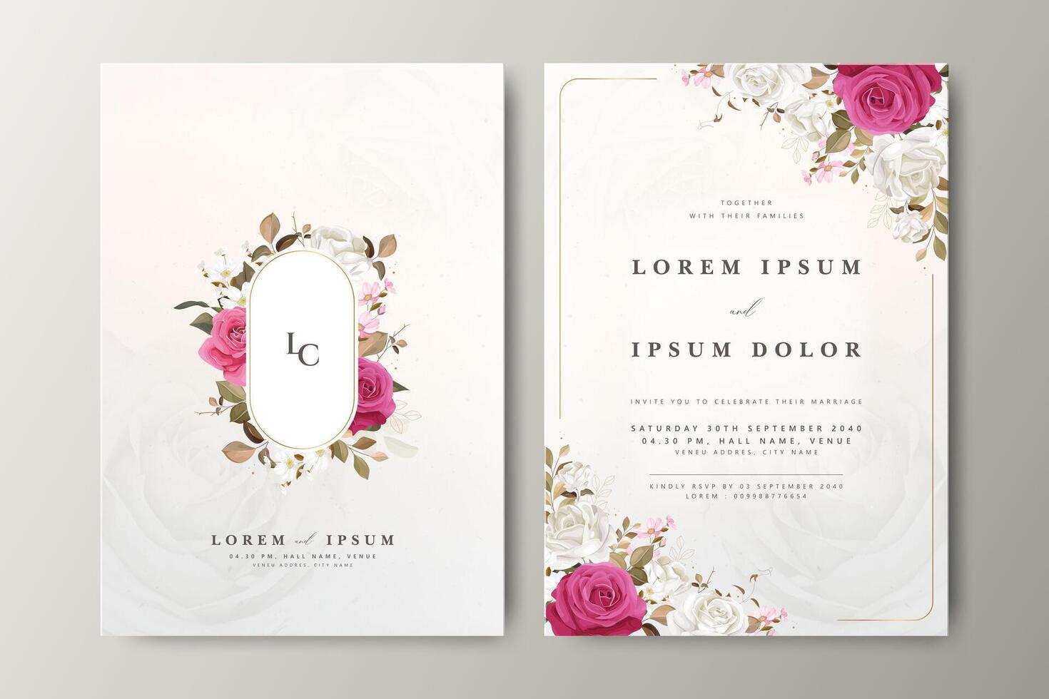 wedding invitation card set with roses flower wreath template vector