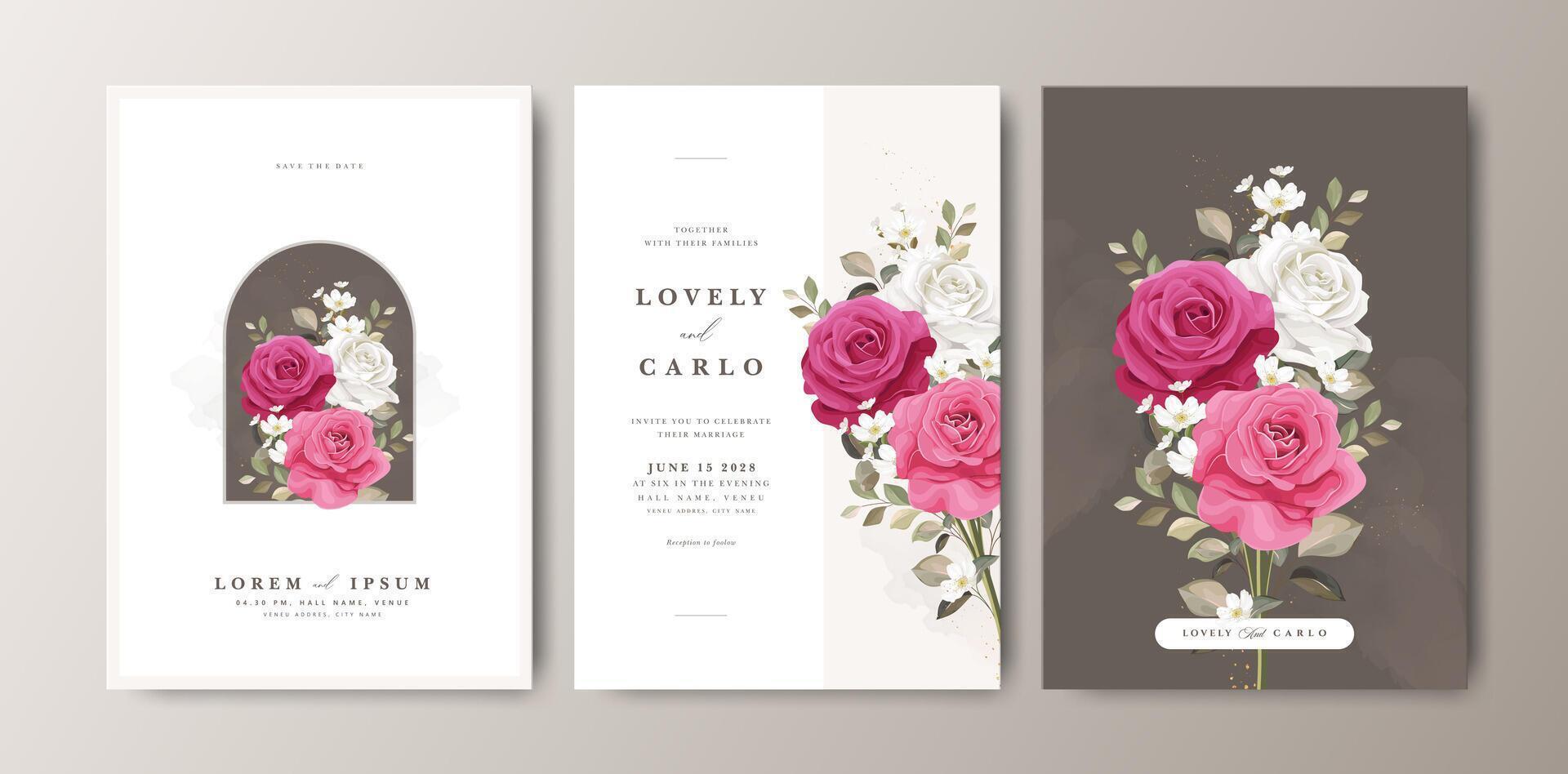 wedding invitation card with set roses flower bouquet template vector