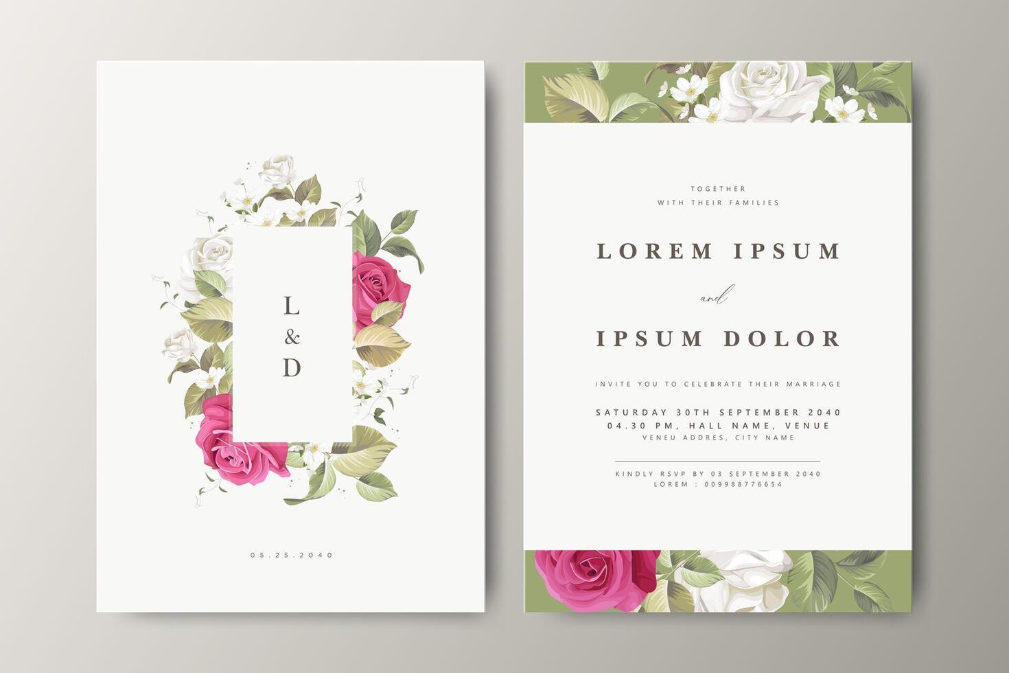 floral partition wedding invitation card set with roses flower design vector