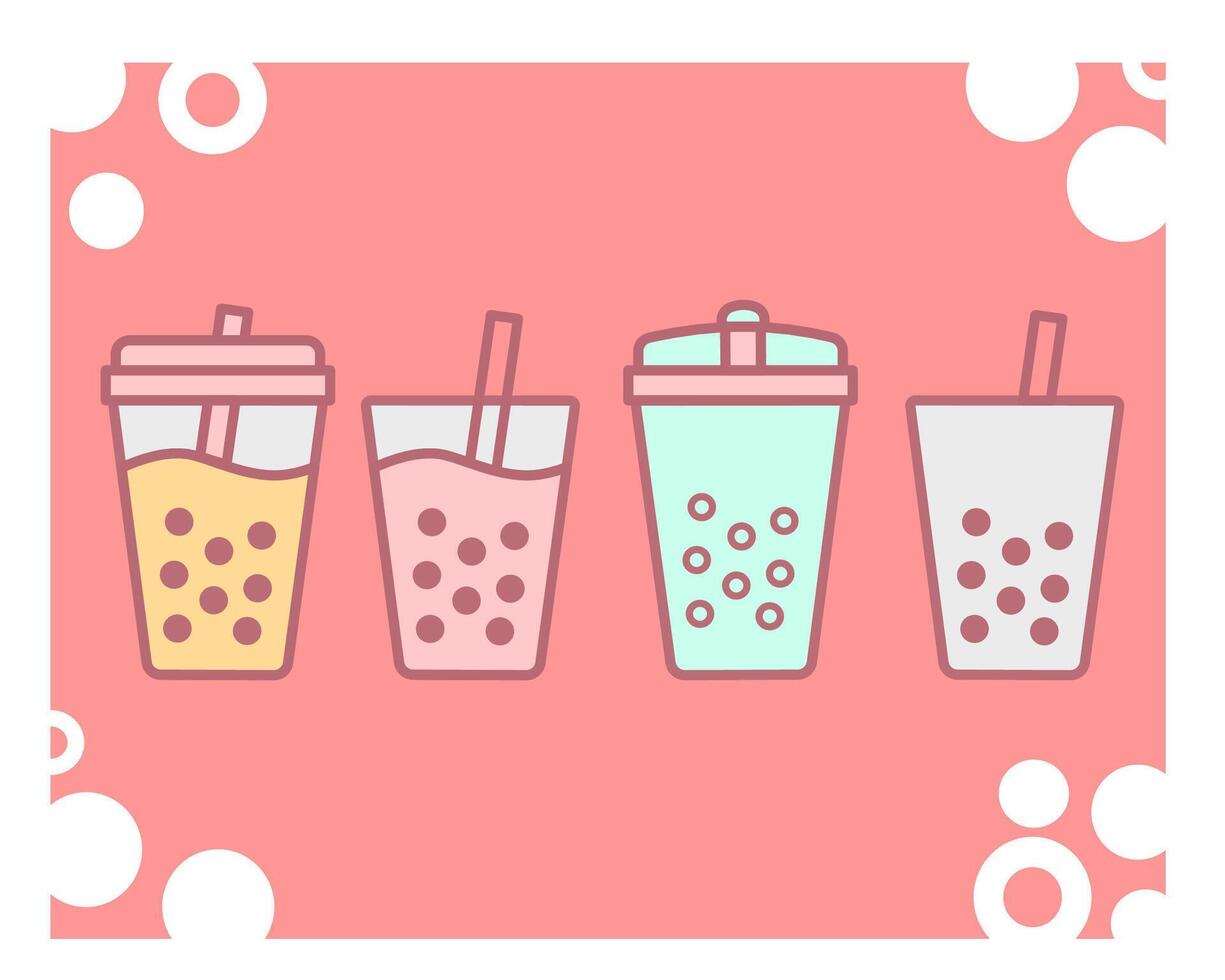 Four bubble tea drinks in different cups with tapioca boba pearls and straws, on a pink background with white bubble accents. Cute and minimalistic design. vector