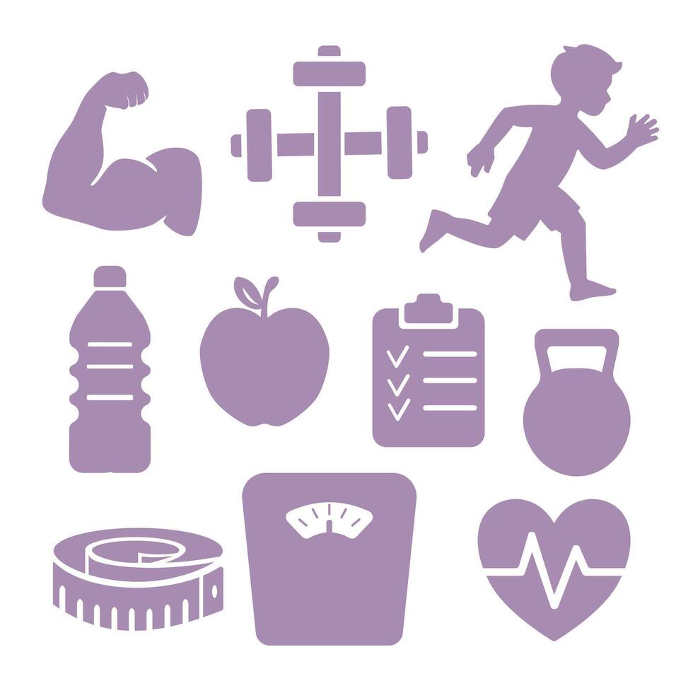 Icon set related to a healthy lifestyle and fitness. Muscular arm flexing, running person, apple, heart with pulse line, water bottle, scale, kettlebell, to-do list, body tape measure, dumbbells. vector