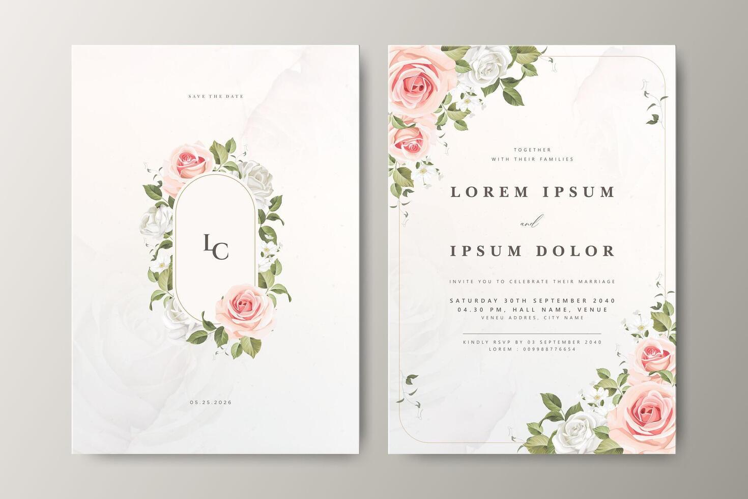 floral wreath wedding invitation card set with roses flower design vector