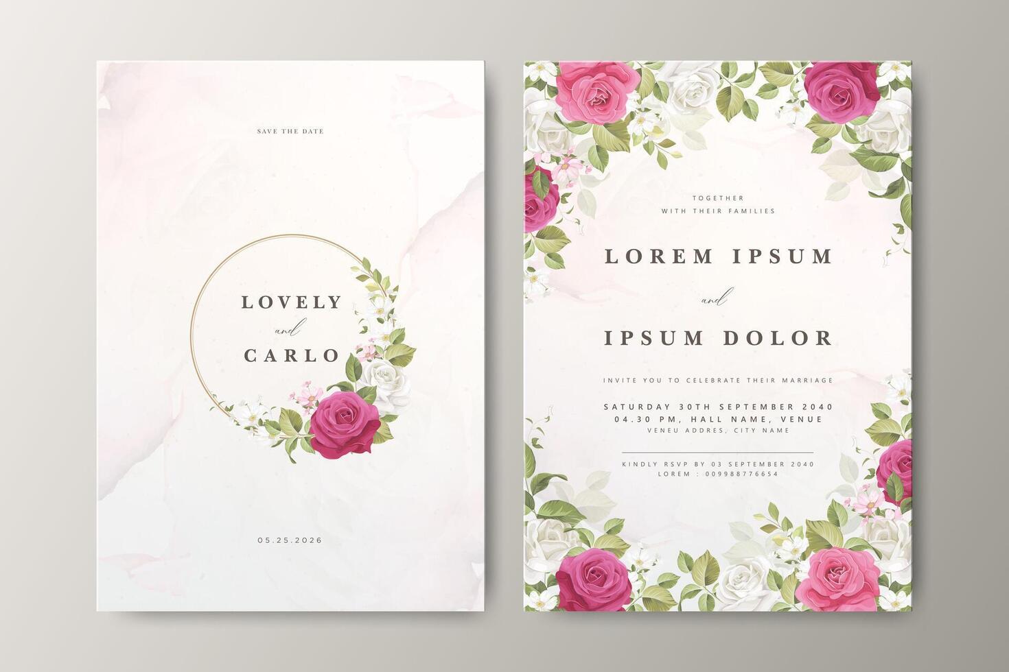wedding invitation card template with roses flower wreath design vector