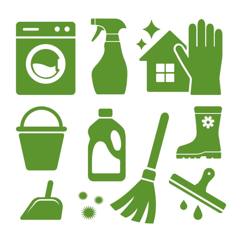 Green cleaning-related icons as washing machine, spray bottle, rubber gloves, mop, bucket, detergent, soap, clean house, boots, window squeegee, dustpan. Ideal for hygiene or housekeeping visuals. vector