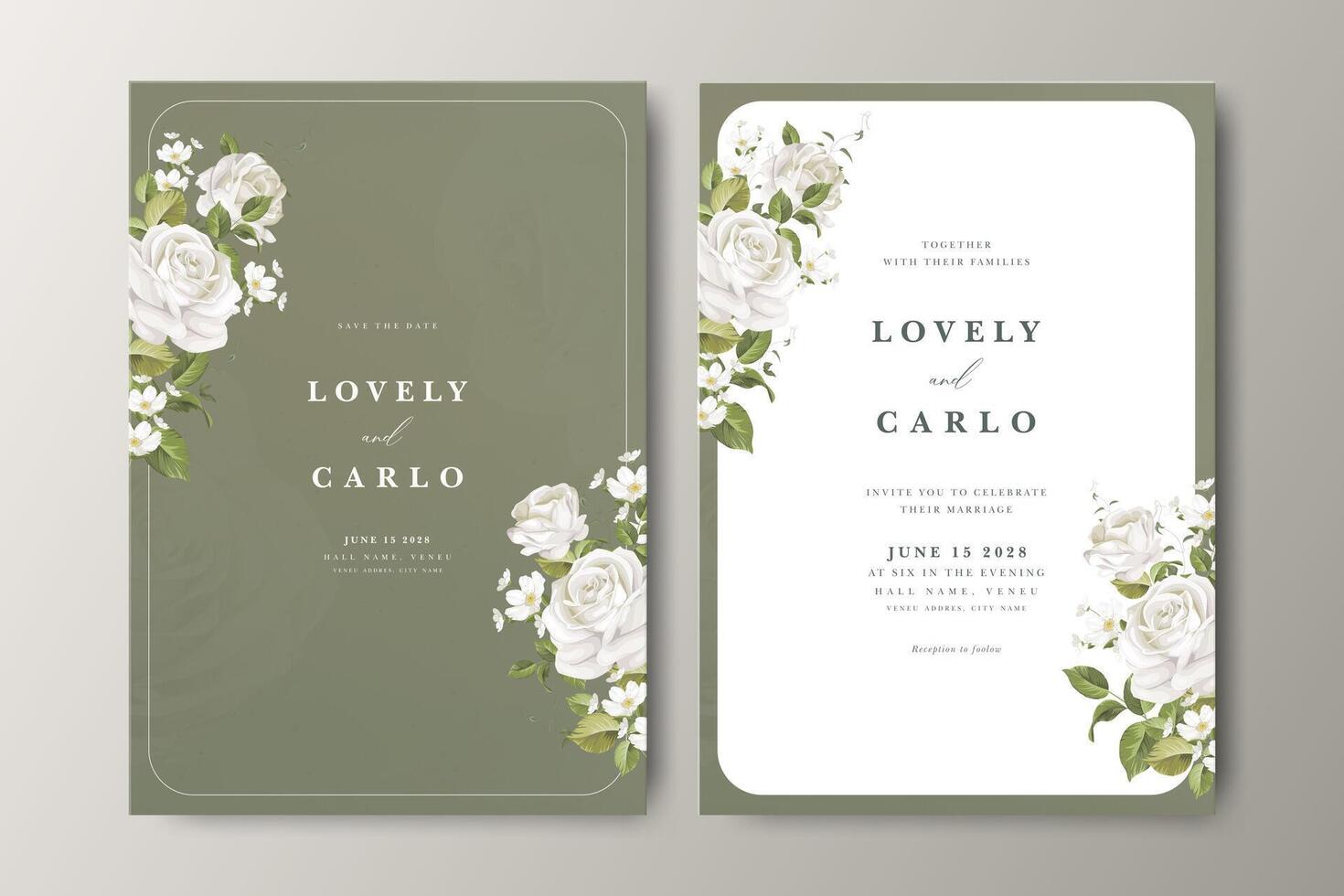 Beautiful wedding invitation card with white floral and greenery background vector