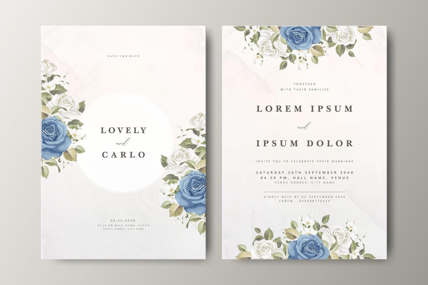 Beautiful wedding invitation card set with floral partition and creamy background vector