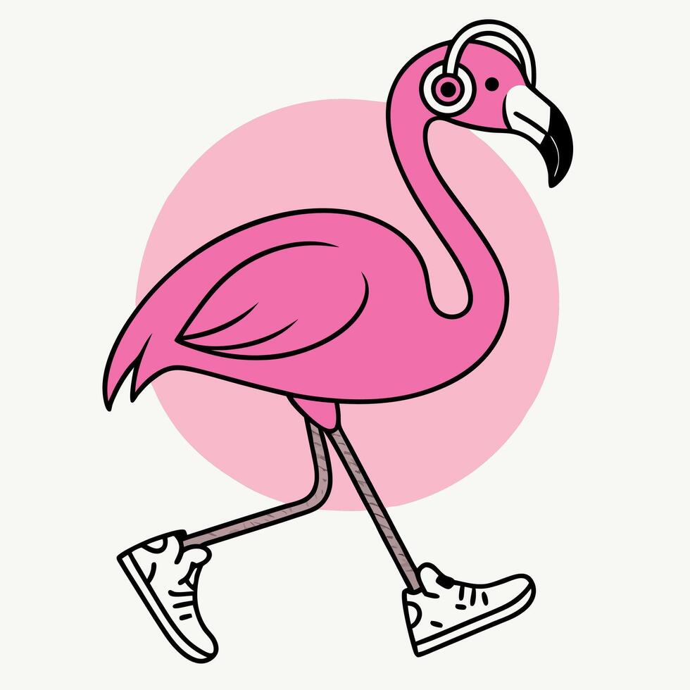 A pink flamingo wearing headphones and sneakers vector