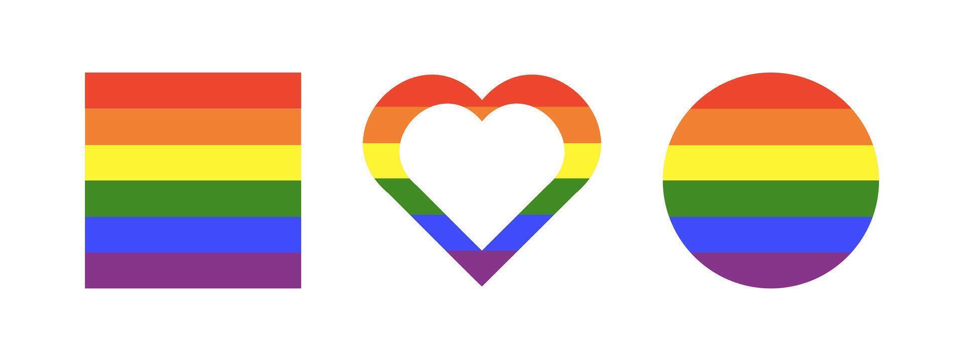 Rainbow flag heart frame. Gay pride circle, square backdrops. Progress Logotype symbols badges. LGBT icon. Stickers in rainbow colors set. Rounds, hearts, rectangles button. Minimal template design. vector