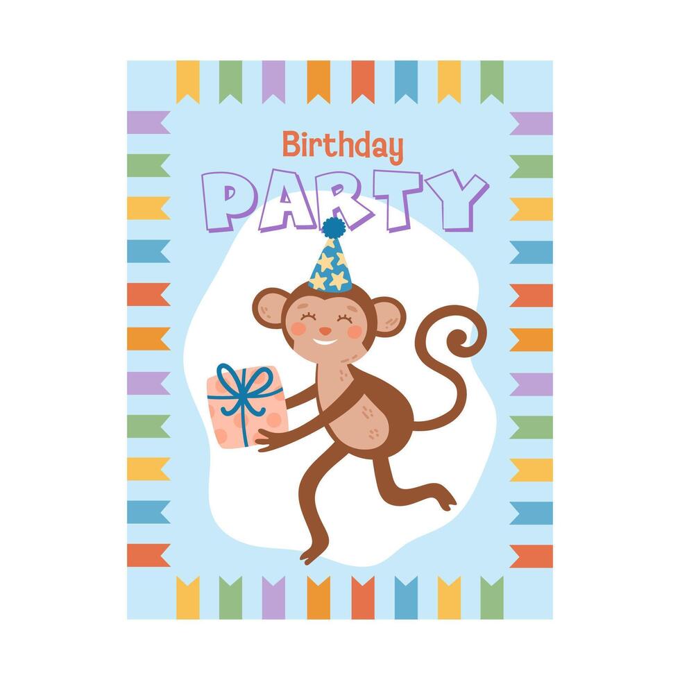 Cute colorful monkey birthday party invitation. vector