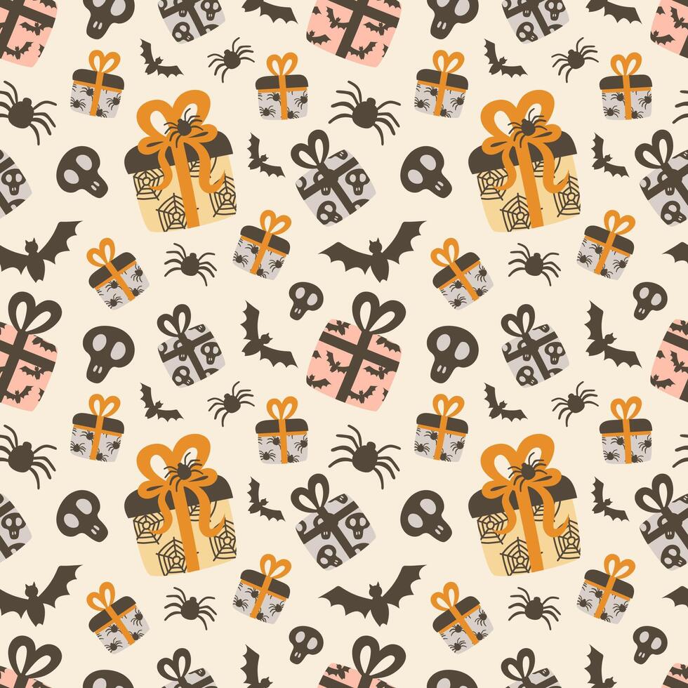 Cute Halloween pattern. Gifts, bats and skulls. vector