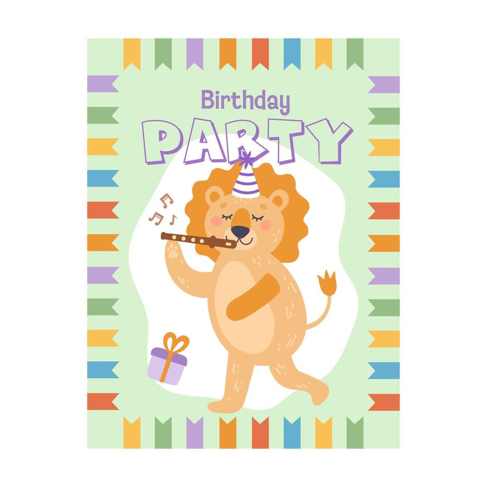 Cartoon lion birthday party invitation template. or illustration in flat style. vector