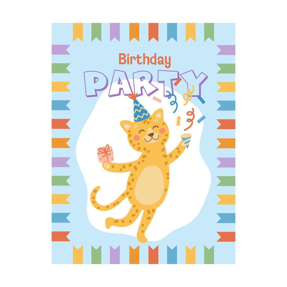 Cartoon leopard birthday party invitation template. vector