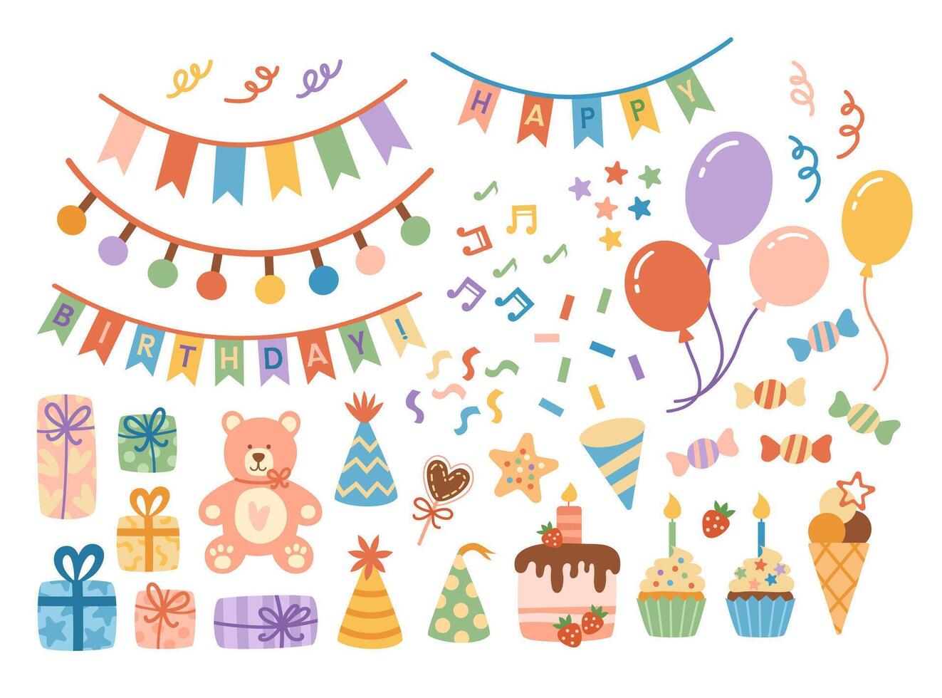 Colorful cute birthday party set of elements. vector
