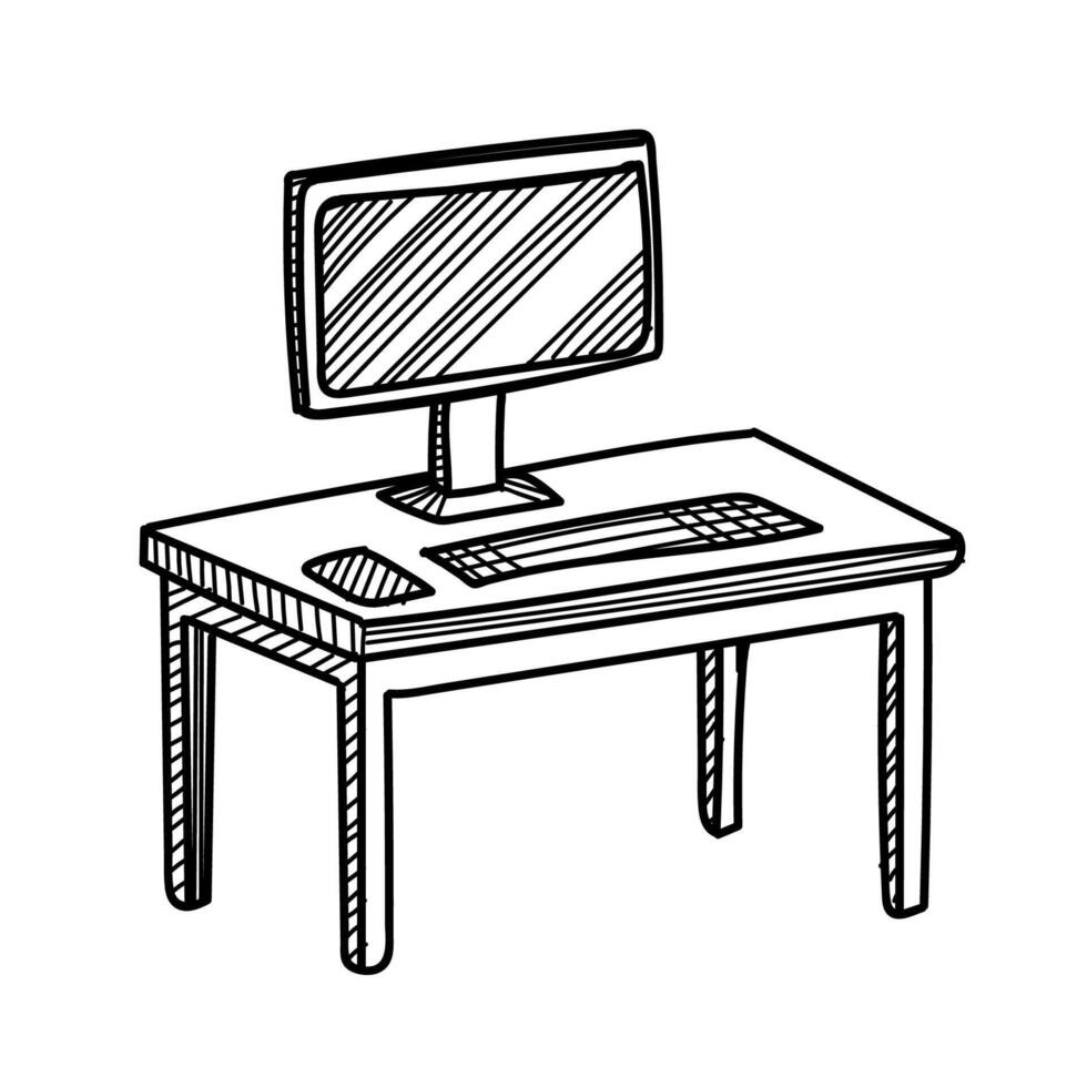 doodle of a computer desk with monitor and keyboard. Hand-drawn in sulfur white on a white background. Minimalist line art illustration. vector