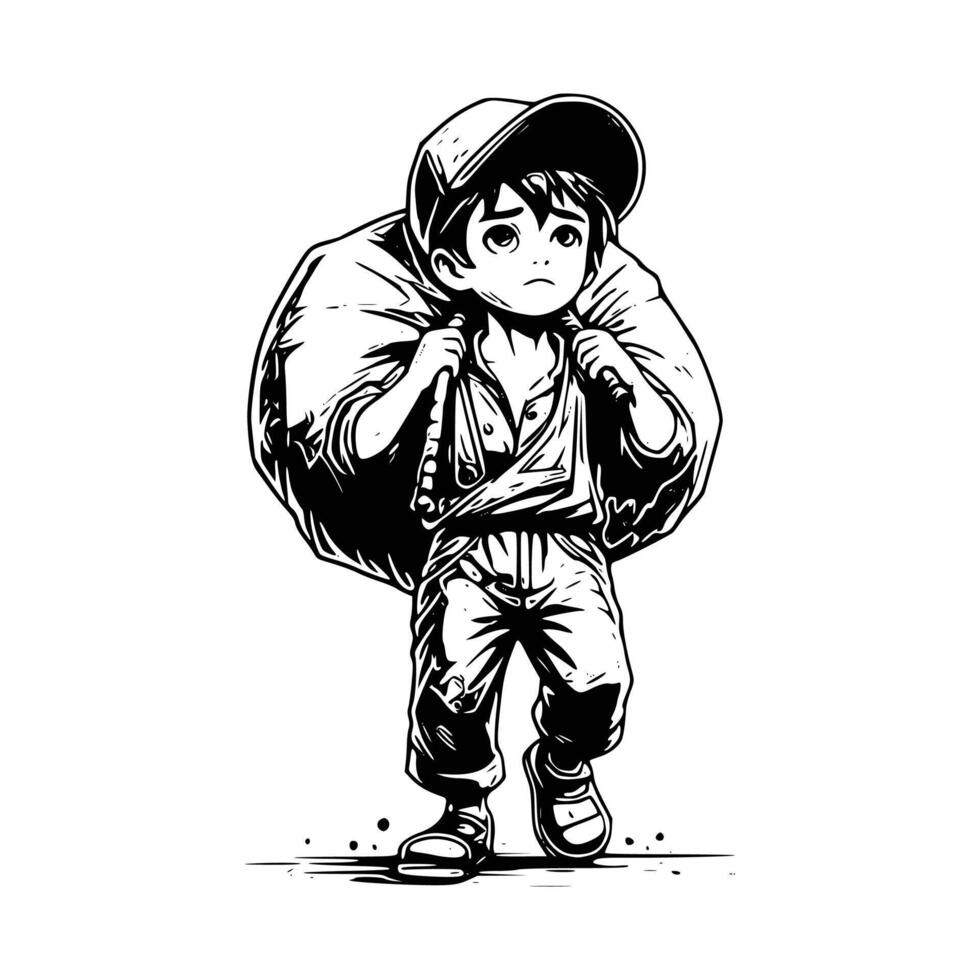A black and white drawing of a boy carrying a bag vector
