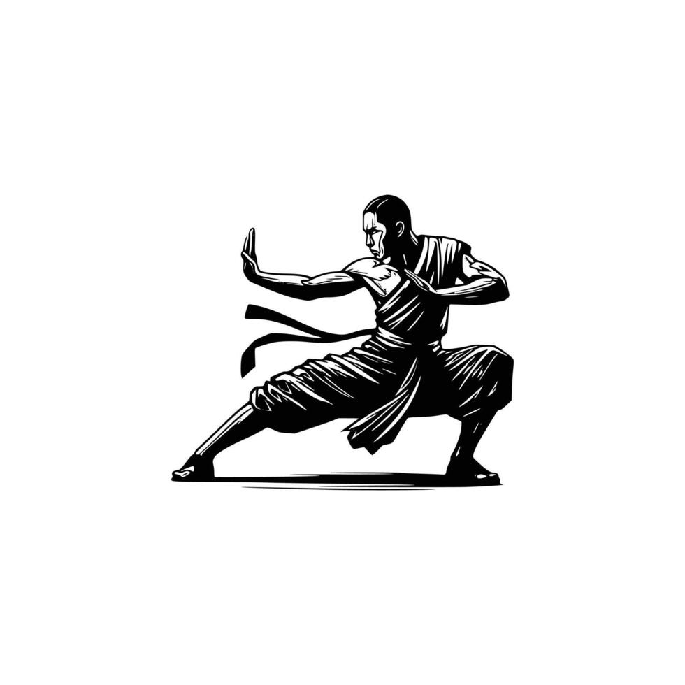 A man in a karate stance with a sword vector