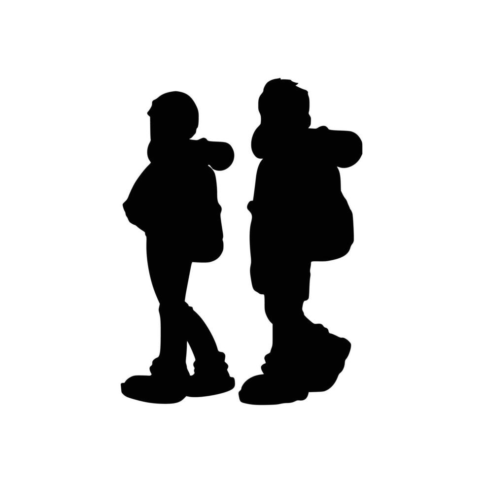 Two silhouettes of children with backpacks vector