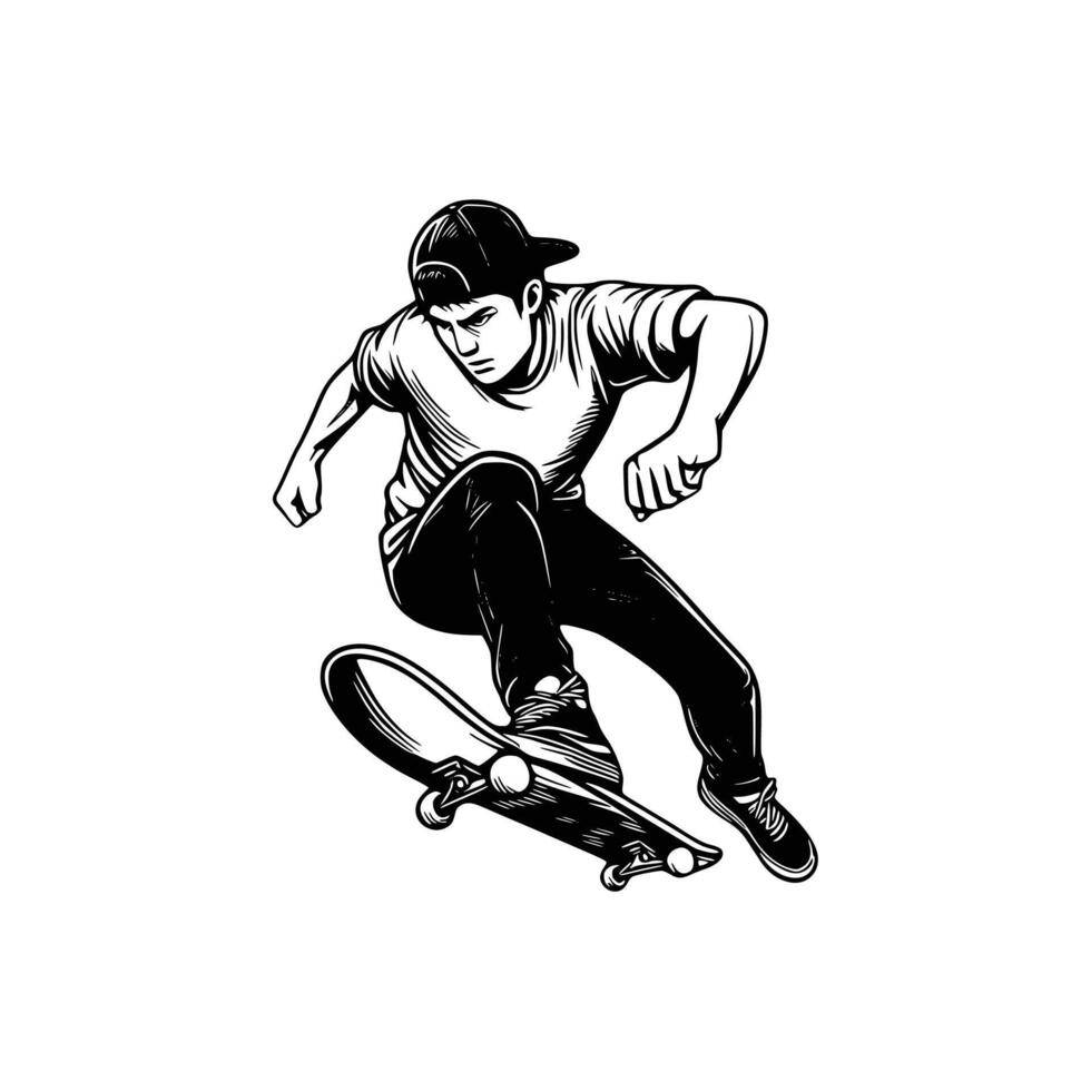 A black and white drawing of a skateboarder in the air vector