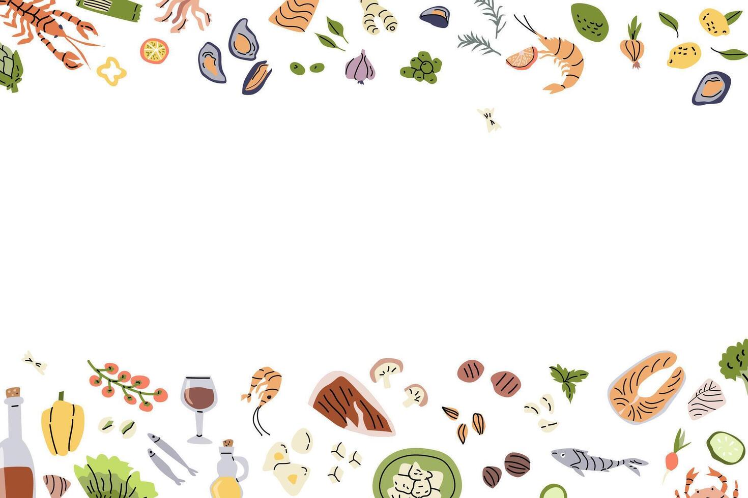 Mediterranean cuisine ingredients border design for culinary projects vector