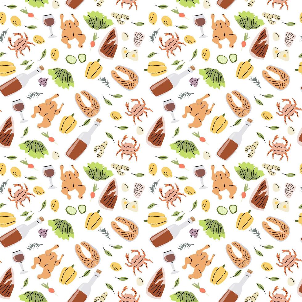 Mediterranean cuisine seamless pattern featuring wine, seafood, and vegetables for culinary designs vector