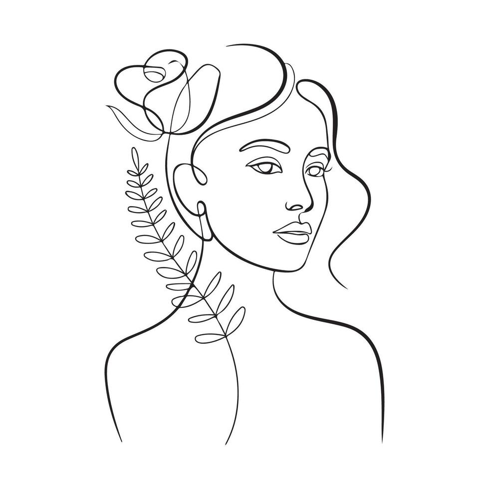 Elegant abstract one line drawing of a woman with floral element and minimalist aesthetic. vector