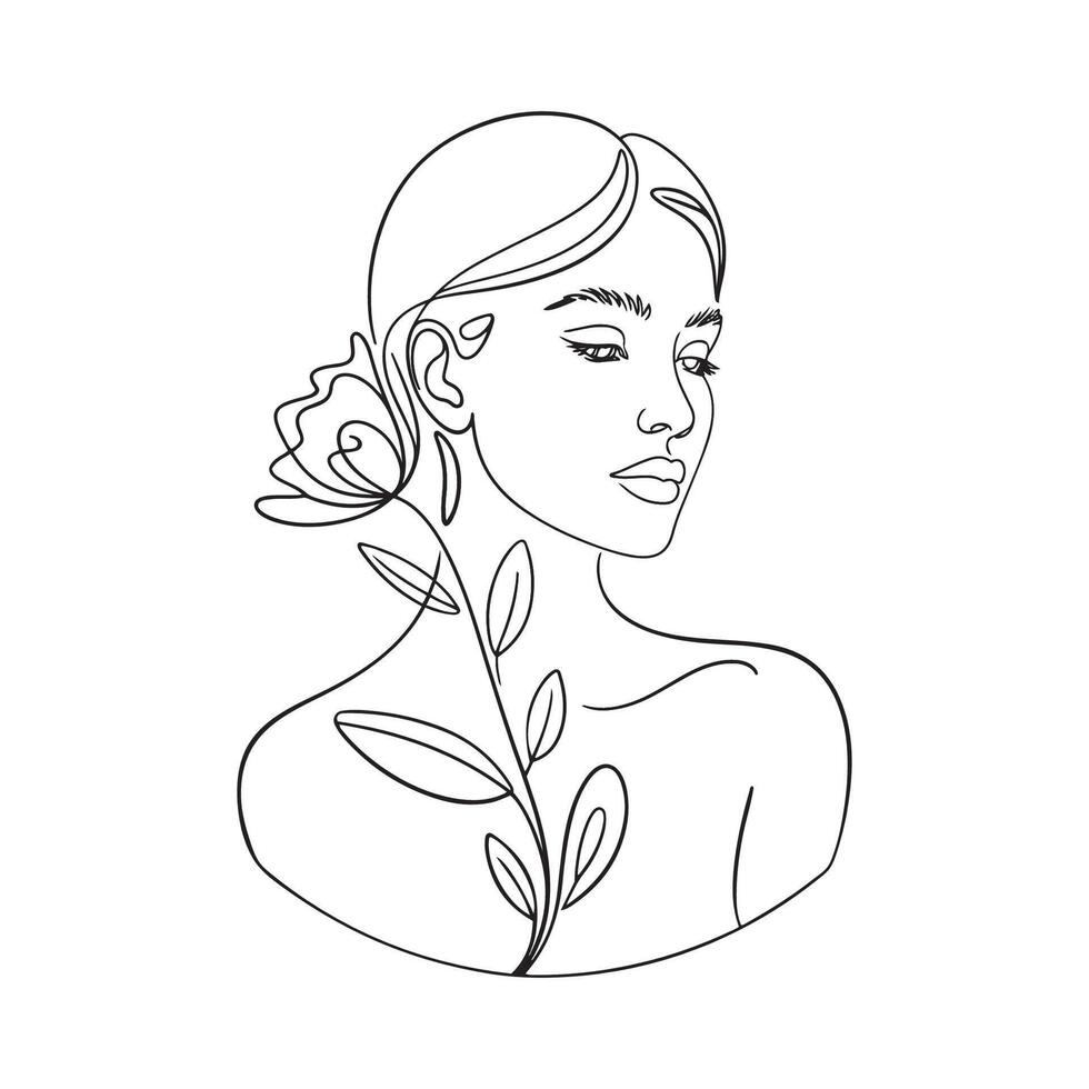 Elegant abstract one line drawing of a woman with floral element and minimalist aesthetic vector